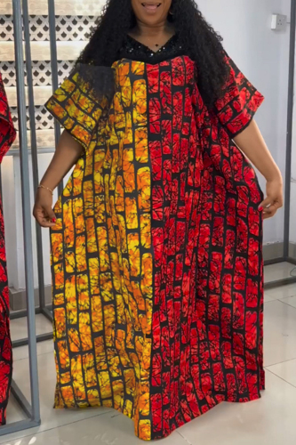 Casual Graphics Print V Neck Half Sleeve Floor Length Long Vacation Plus Size Loose Maxi Dresses