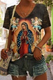 Casual Graphics Print V Neck Short Sleeve Vacation Oversize T-Shirts