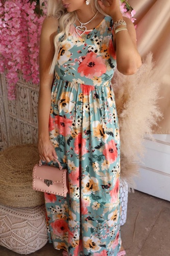 Casual Floral Print O Neck Sleeveless Cinch Waist Vacation Beach Long A Line Maxi Tank Dresses