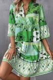 Casual Poho Print V Neck Flare Sleeve Ruffle Hem Vacation A Line Loose Mini Shirt Dresses