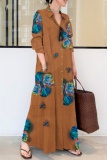Casual Floral Print Turndown Collar Short Sleeve Ankle Length Loose Vacation A Line Linen Shirt Dress