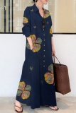 Casual Floral Print Turndown Collar Short Sleeve Ankle Length Loose Vacation A Line Linen Shirt Dress