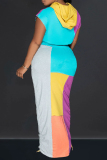 Casual Colorblock Print Short Sleeve Hooded Tops And Maxi Skirt Vacation Two Pieces Maxi Skirt Sets