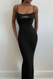 Sexy Letters Print Backless Hot Drill Mermaid Hem Spaghetti Strap Long Formal Party Vacation Maxi Slip Dresses