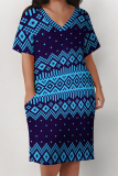 Casual Graphics Print V Neck Short Sleeve Pockets Plus Size T-shirt Midi Dresses