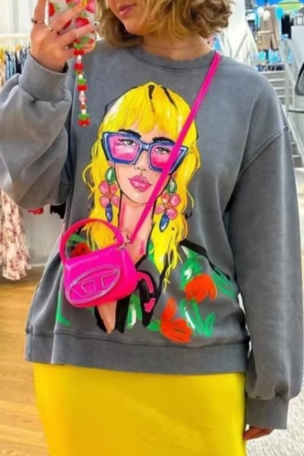 Casual Figure Print O Neck Long Sleeve Oversize Sweatshirt