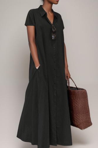 Casual Turndown Collar Short Sleeve Ankle Length Loose Vacation A Line Linen Shirt Maxi Dress