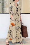 Floral Print Turndown Collar Short Sleeve Ankle Length Loose A Line Vacation Linen Shirt Dress