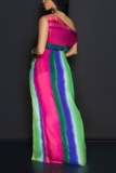 Casual Colorblock Print One Shoulder Side Slit Asymmetrical Cinch Waist Vacation A Line Maxi Dresses