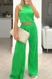 Casual Texture O Neck Sleeveless Tank Crop Tops And Wide Leg Pants Vacation Two Pieces Trouser Sets