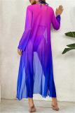 Casual Gradient Print Belted Bikini Sets Vacation Beach Long Cardigan Cover Up Three Piece Swimsuit Set (With Paddings)