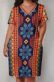 Casual Graphics Print V Neck Short Sleeve Pockets Plus Size T-shirt Midi Dresses