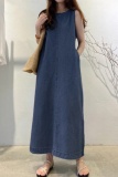 Casual O Neck Sleeveless Pocket Denim A Line Maxi Tank Dresses