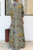 Floral Print Turndown Collar Short Sleeve Ankle Length Loose A Line Vacation Linen Shirt Dress