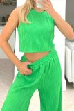Casual Texture O Neck Sleeveless Tank Crop Tops And Wide Leg Pants Vacation Two Pieces Trouser Sets