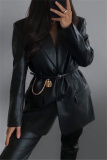 Formal Cardigan Turn-back Collar Long Sleeve Office Lady Leather Blazer Jacket