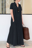 Casual Turndown Collar Short Sleeve Ankle Length Loose Vacation A Line Linen Shirt Maxi Dress