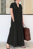 Casual Turndown Collar Short Sleeve Ankle Length Loose Vacation A Line Linen Shirt Maxi Dress