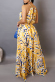Casual Tropical Print Sleeveless Cinch Waist Vacation Halter A Line Maxi Dresses