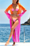 Casual Gradient Print Belted Bikini Sets Vacation Beach Long Cardigan Cover Up Three Piece Swimsuit Set (With Paddings)