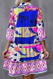 Casual Poho Print V Neck Flare Sleeve Ruffle Hem Vacation A Line Loose Mini Shirt Dresses