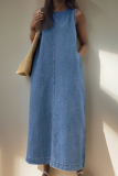 Casual O Neck Sleeveless Pocket Denim A Line Maxi Tank Dresses