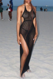 Sexy See-Through Backless Side Slit Belted Beach Vacation Swimwears Corchet Cover Up Dress