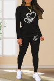 Sportwear Casual Heart Shaped Hot Drill O Neck Long Sleeve Tops And Skinny Pants Two Pieces Sweatpants Suit