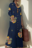 Casual Floral Print Turndown Collar Short Sleeve Ankle Length Loose Vacation A Line Linen Shirt Dress