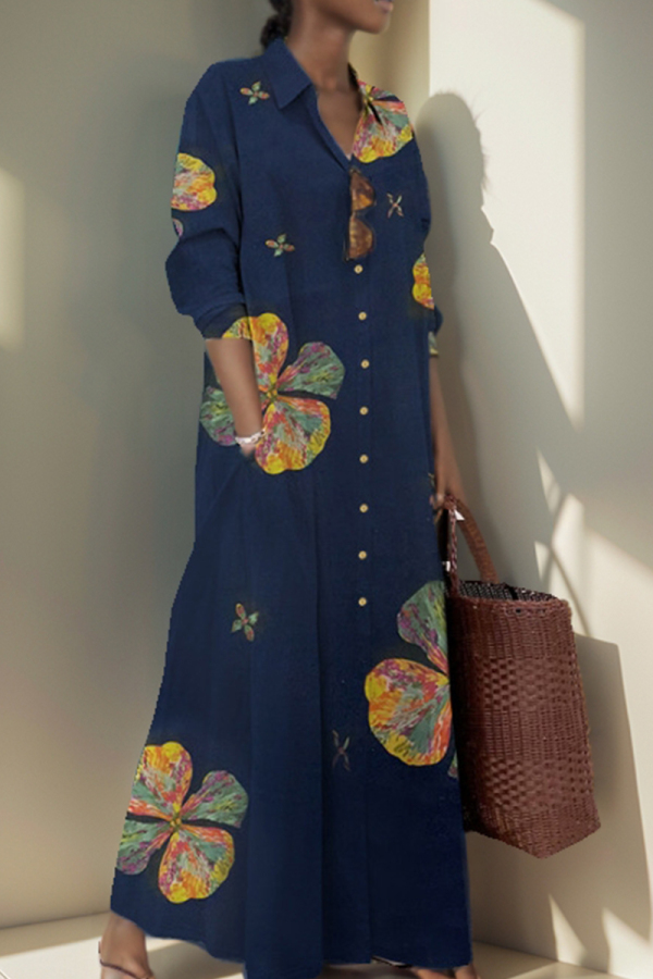 Casual Floral Print Turndown Collar Short Sleeve Ankle Length Loose Vacation A Line Linen Shirt Dress