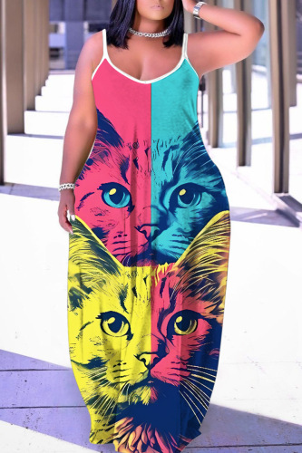Sexy Graphics Print Backless Sleeveless Spaghetti Strap Floor Length Long Baggy Vacation Maxi Slip Dresses