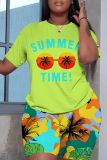 Casual Graphics Print O Neck Short Sleeve Oversize T Shirt And Shorts Sportwear Matching Short Set