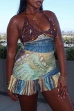 Sexy Hot Drill Graphcis Print Backless Sleeveless Belted Crochet Halter Crop Tops And Ruffle Hem Mini Skirts Vacation Two Pieces Dress Sets