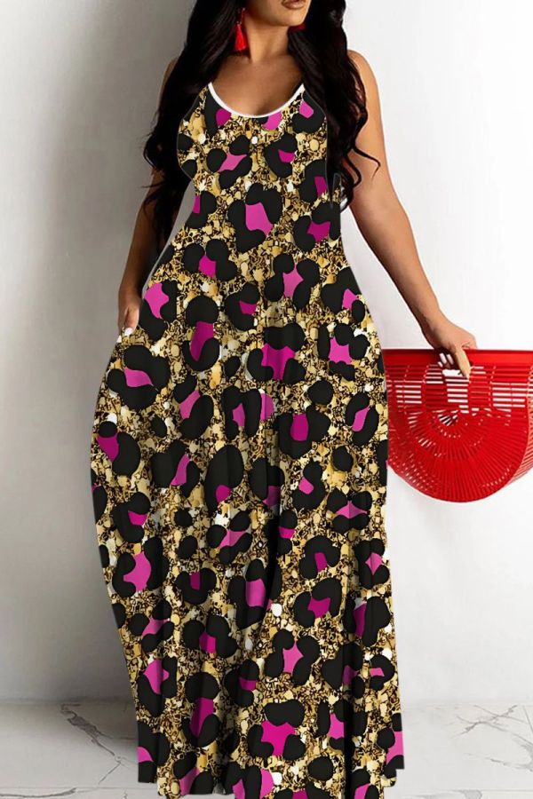 Sexy Graphics Print Backless Spaghetti Strap Floor Length Long Baggy Vacation Maxi Slip Dresses
