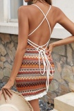Sexy Wave Print Sleeveless Backless Cross Straps Spaghetti Strap Drawstring Wrapped Skirt Vacation Cami Bodycon Mini Slip Dresses