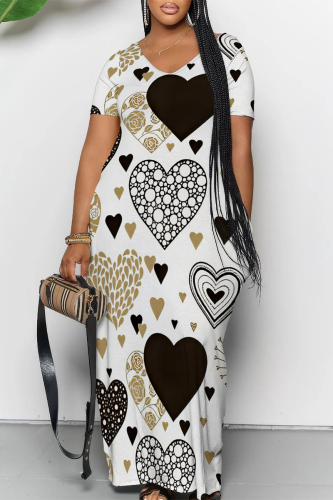 Casual Love Print V Neck Short Sleeve Floor Length Baggy Vacation Maxi T-shirt Dresses