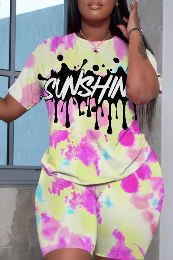 Casual Graphics Print O Neck Short Sleeve Oversize T Shirt And Shorts Sportwear Matching Short Set