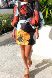 Casual Floral Print Backless Sleeveless O Neck Lace Up Lantern Sleeve Wrapped Skirt Vacation Mini Dresses