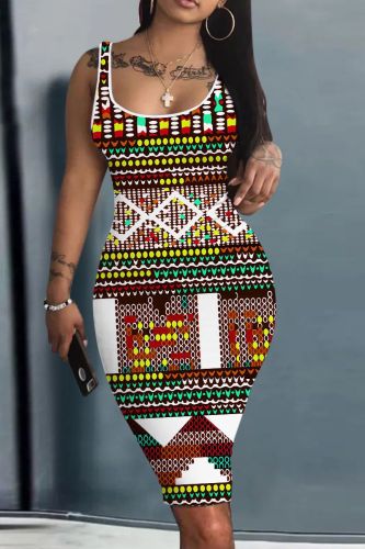 Casual Graphics Print Basic U Neck Sleeveless Vest Bodycon Midi Tank Dresses