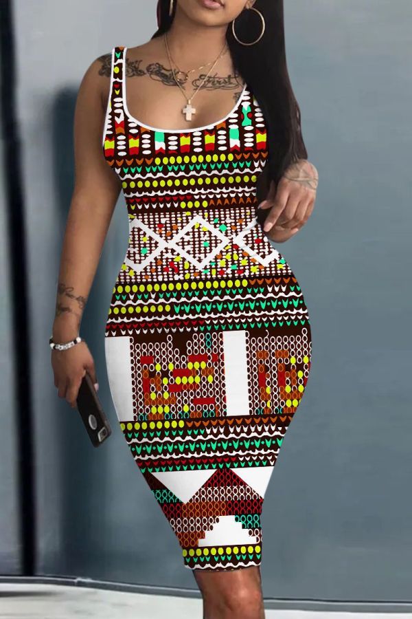 Casual Graphics Print Basic U Neck Sleeveless Vest Bodycon Midi Tank Dresses