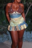 Sexy Hot Drill Graphcis Print Backless Sleeveless Belted Crochet Halter Crop Tops And Ruffle Hem Mini Skirts Vacation Two Pieces Dress Sets