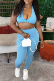Sportwear Casual  Zipper Collar Long Sleeve Halter Crop Tops And Skinny Pants Two Pieces Trouser Sets