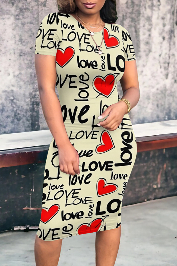 Casual Letter Print Love Print O Neck Short Sleeve Bodycon Midi T-shirt Dress