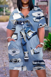 Casual Graphics Print V Neck Short Sleeve Pockets Plus Size T-shirt Midi Dresses
