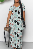 Casual Love Print V Neck Short Sleeve Floor Length Baggy Vacation Maxi T-shirt Dresses