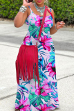 Sexy Floral Print Backless Sleeveless Spaghetti Strap Floor Length Long Baggy Vacation Maxi Slip Dresses