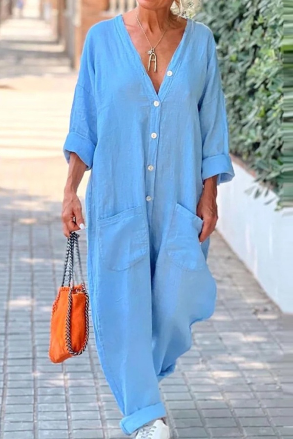 Casual V Neck Long Sleeve Buttons Vacation Beach Cotton Linen Jumpsuits