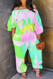 Casual Graphics Print Off Shoulder Long Sleeve Vacation Harem Jumpsuits