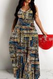 Sexy Graphics Print Backless Spaghetti Strap Floor Length Long Baggy Vacation Maxi Slip Dresses