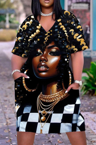 Casual Figure Print V Neck Short Sleeve Pockets Plus Size T-shirt Midi Dresses